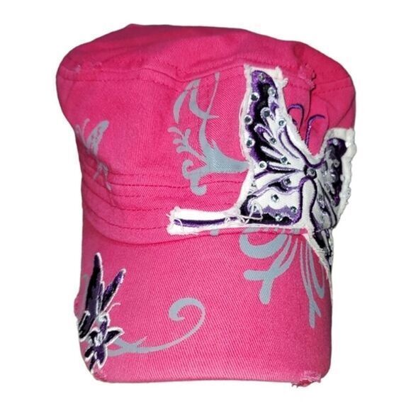Y2K Distressed Pink Cadet Hat w/ Rhinestone Applique Embellished Butterfly OS - Picture 9 of 11